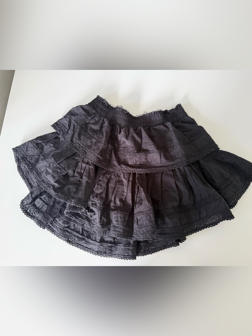 LoveShackFancy Black Tiered Lace-Trim Skirt